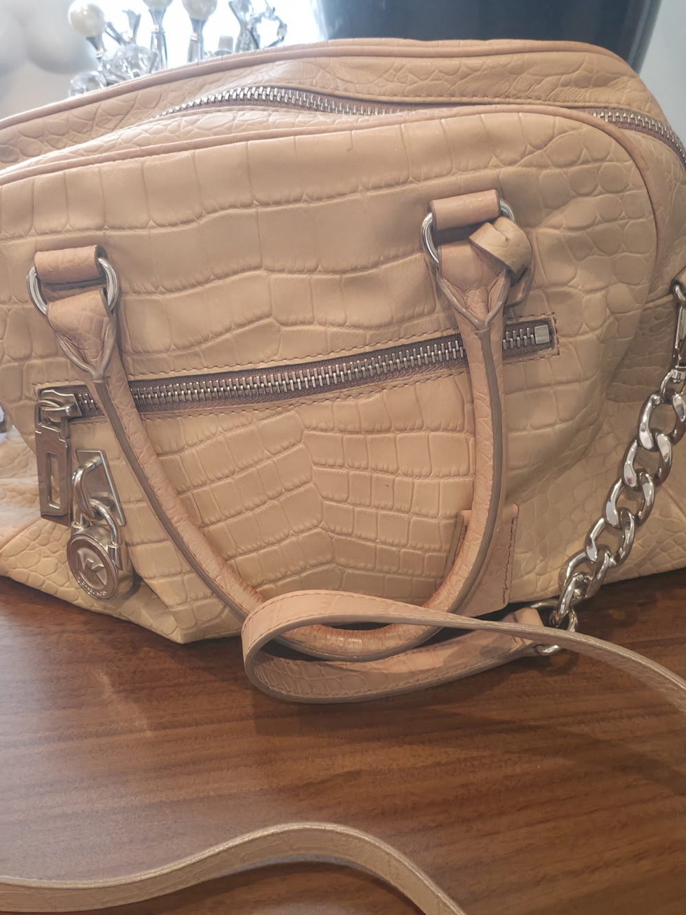 Michael Kors Tan Croc-Embossed Leather Satchel with Silver Hardware